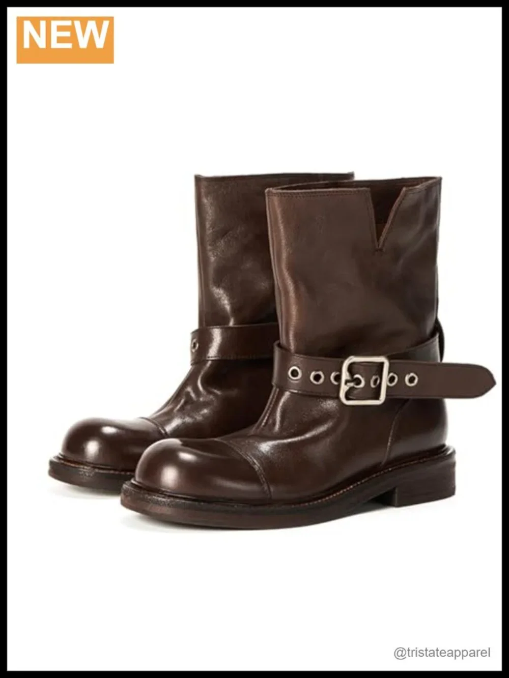 Western Ankle Boots Round Toe Flat Heel Slip-On with Silver Buckle